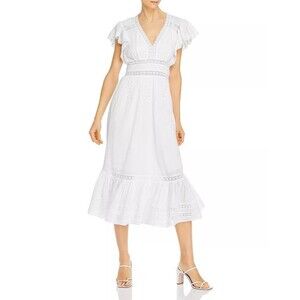 SAYLOR Anthropologie Shira Midi Dress Lace Flutter Sleeves Cotton White M 282099
